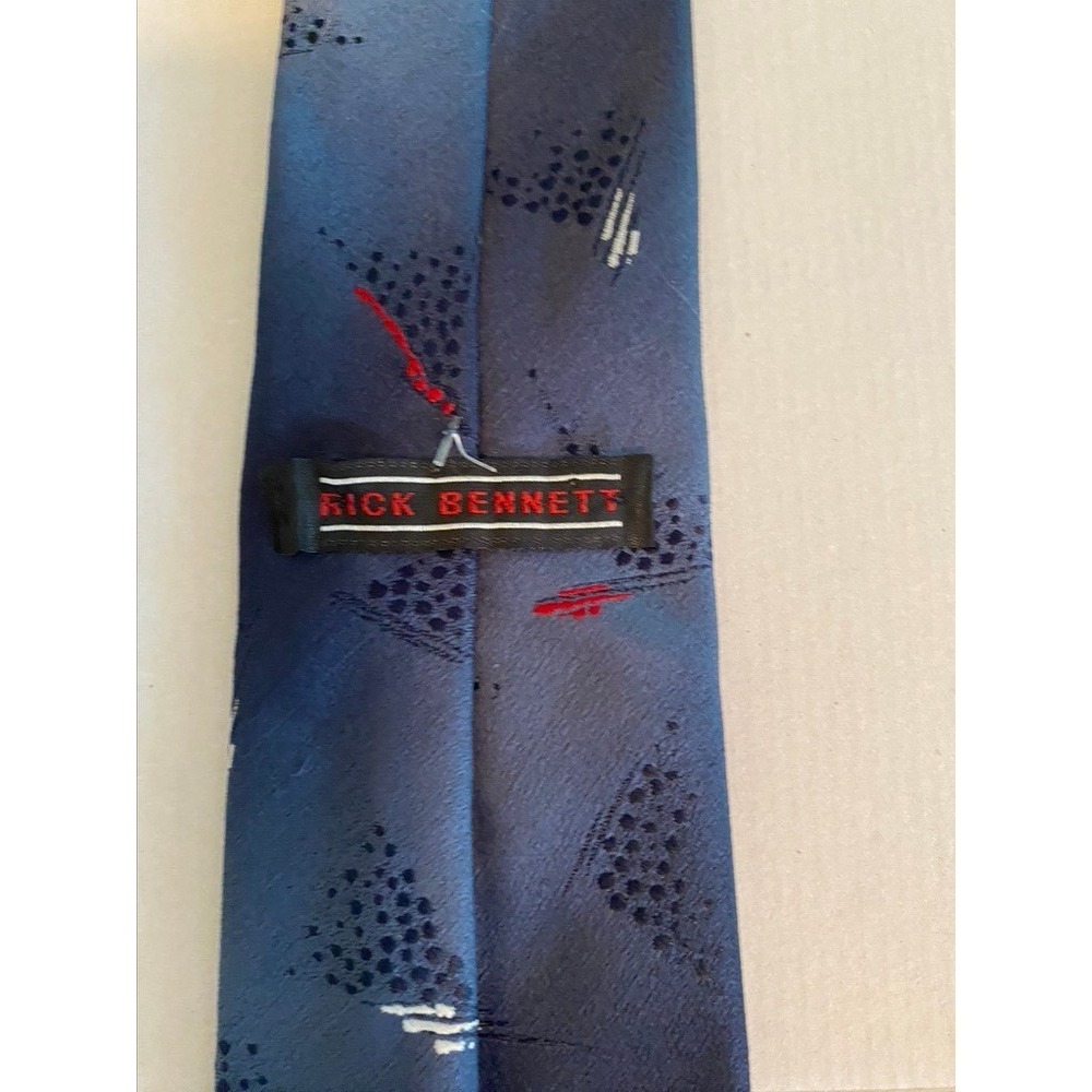 Rick Bennett Mens Navy Blue Abstract Geometric Pattern Necktie Modern Silk Blend